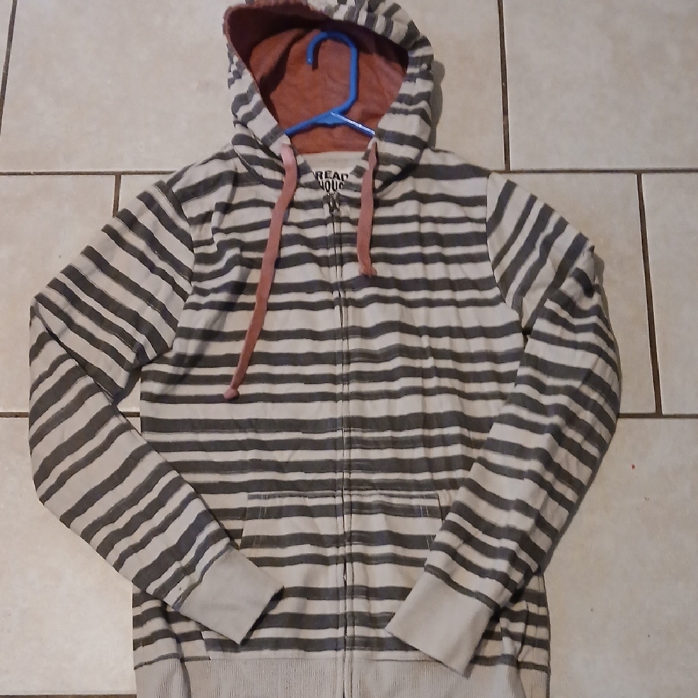 THREADS 4 THOUGHT Womens Size L Striped Gray and Cream Zip-Up Hoodie